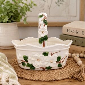Vintage Napco Ceramic Handled Basket Raised Relief Floral Planter White 8”